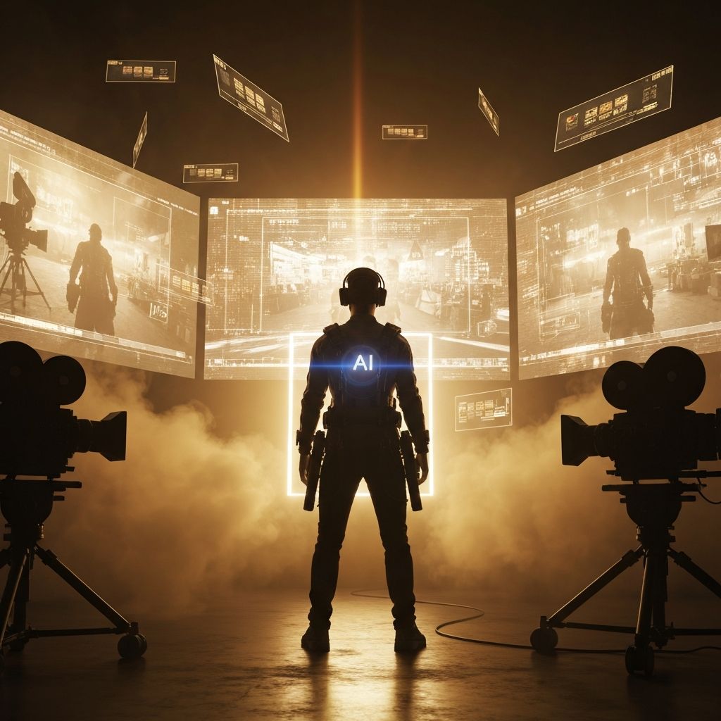AI filmmaking studio with futuristic holographic displays